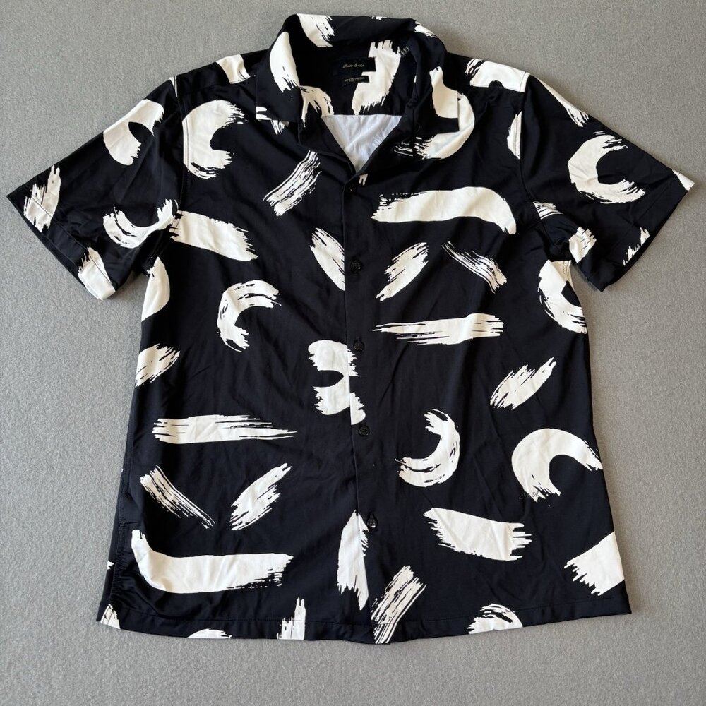 Porter & Ash Abstract Kinetic Stretch Short Sleeve Shirt Black White Mens Size L
